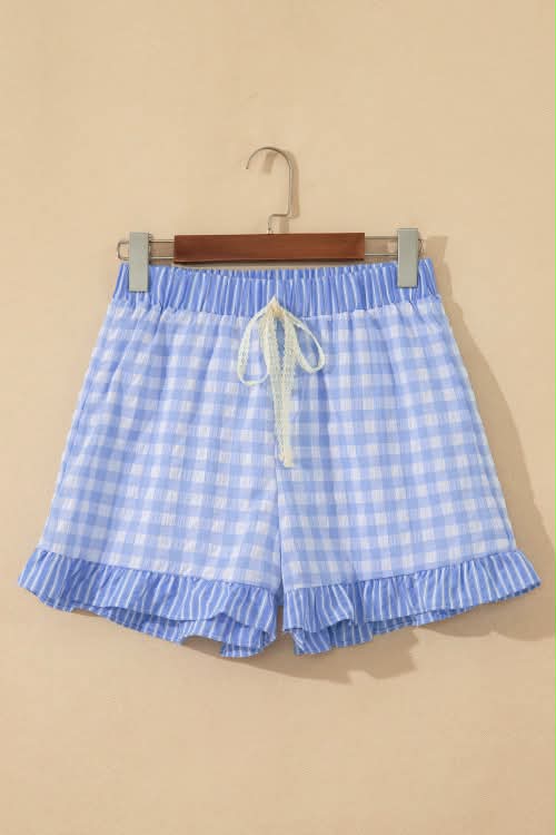 Blue Gingham Print Ruffle Striped Detail Lace Tie Shorts