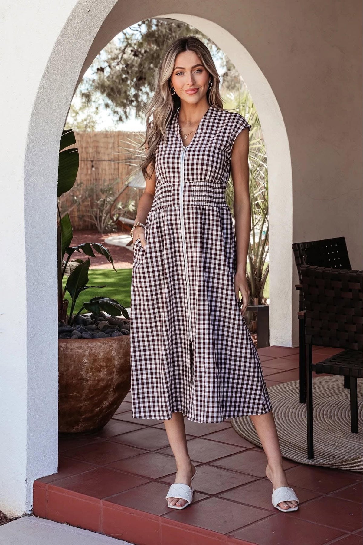 Gingham Dress Midi Front Zip