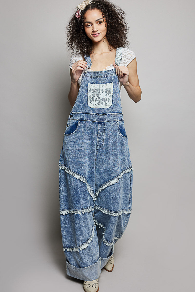 POL Casual Straight Leg Lace Trim Adjustable Strap Overalls