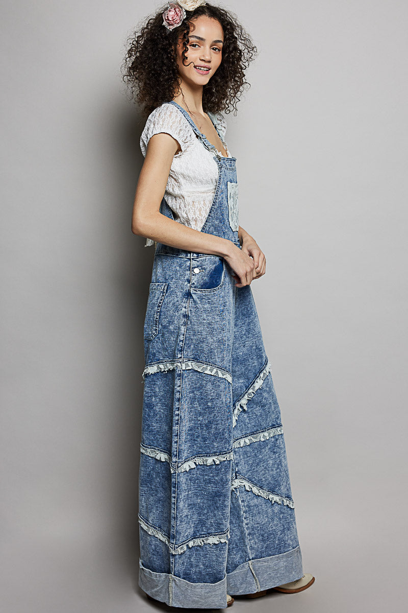 POL Casual Straight Leg Lace Trim Adjustable Strap Overalls