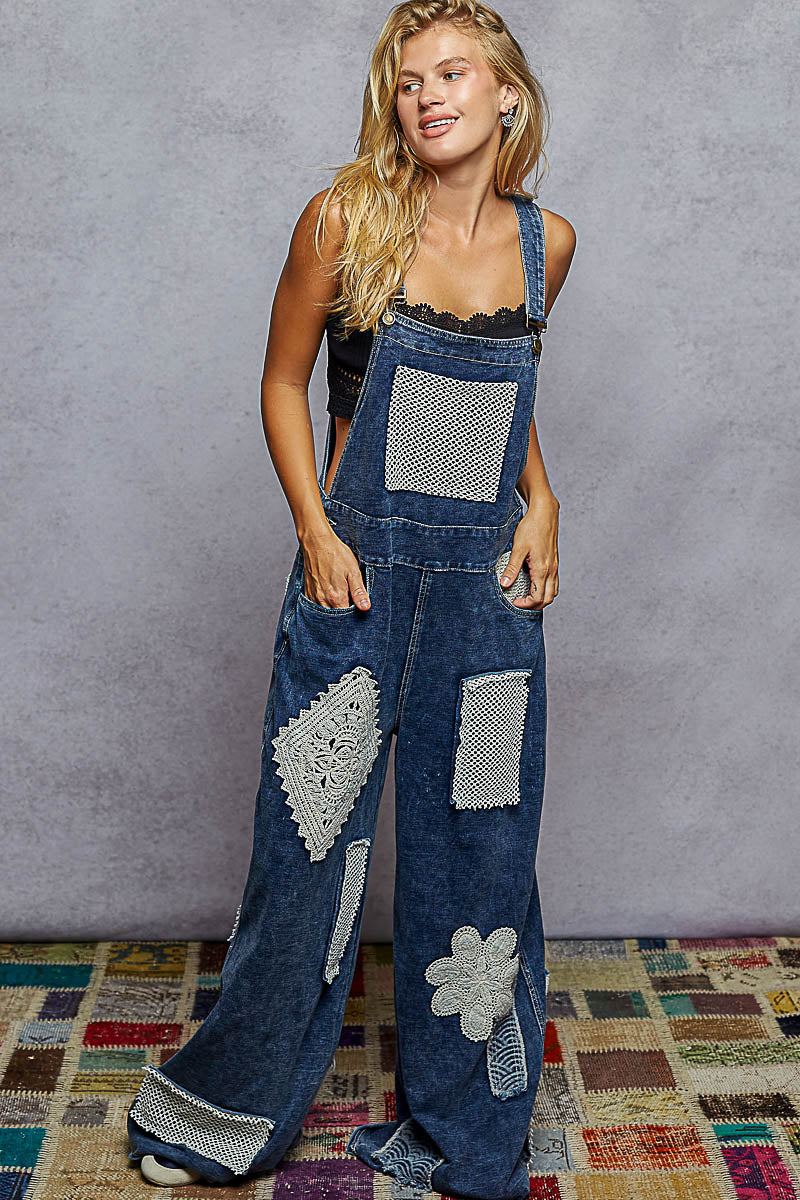 POL Crochet Contrast Patch Detail Chest Pocket Woven Overalls