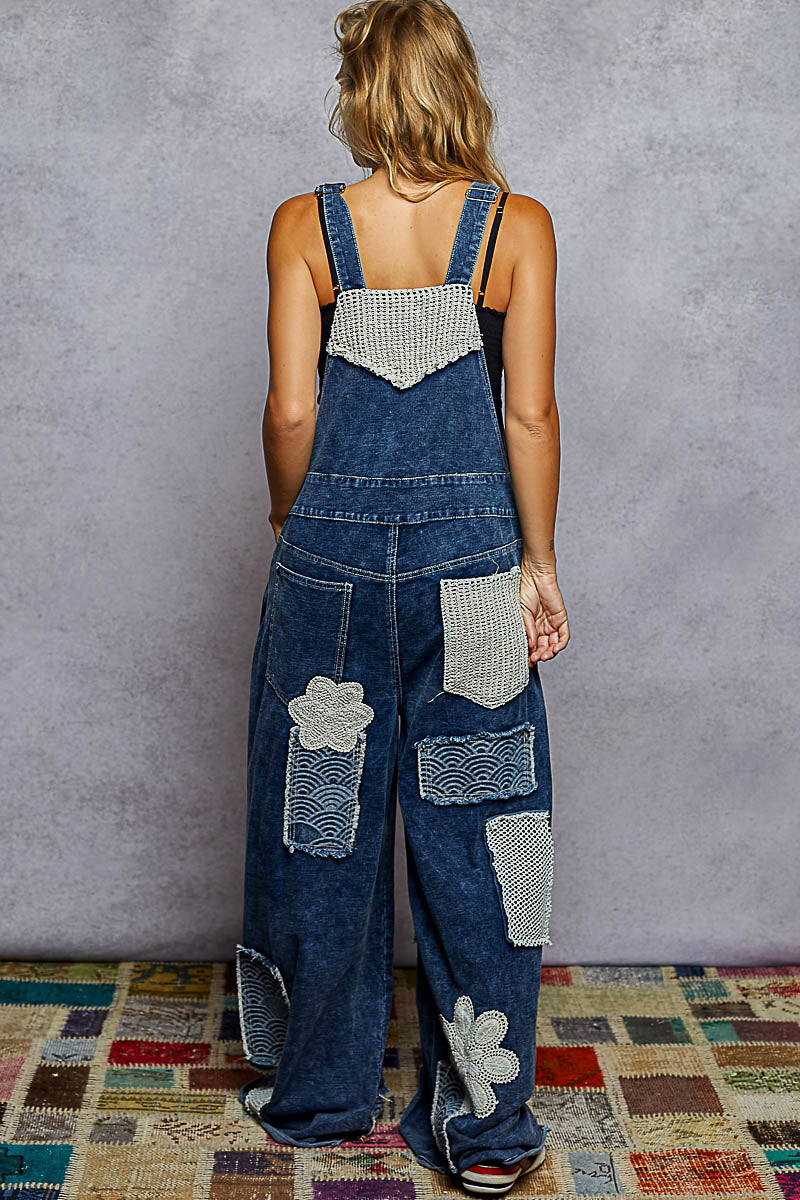 POL Crochet Contrast Patch Detail Chest Pocket Woven Overalls