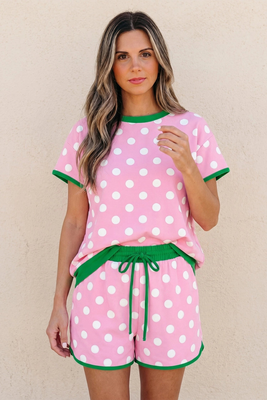 Polka Dot Lounge Set Contrast Trim Tee and Shorts