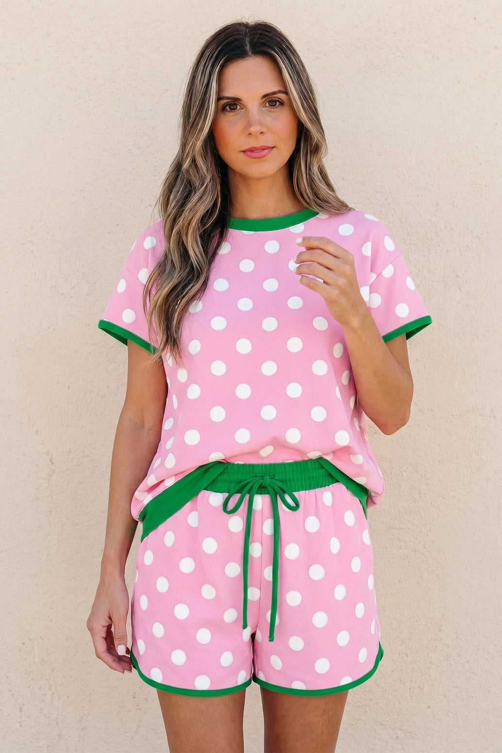 Polka Dot Lounge Set Contrast Trim Tee and Shorts