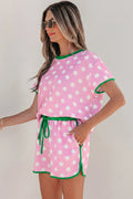 Polka Dot Lounge Set Contrast Trim Tee and Shorts