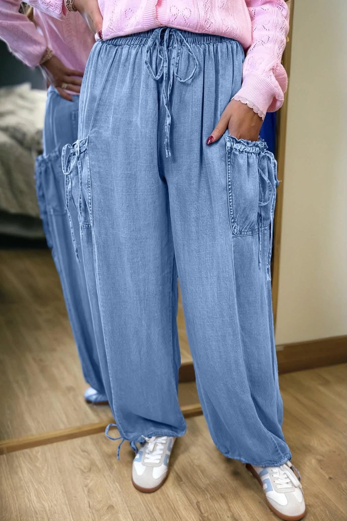 Taking It Easy Tie Waist Cargo Denim Pants